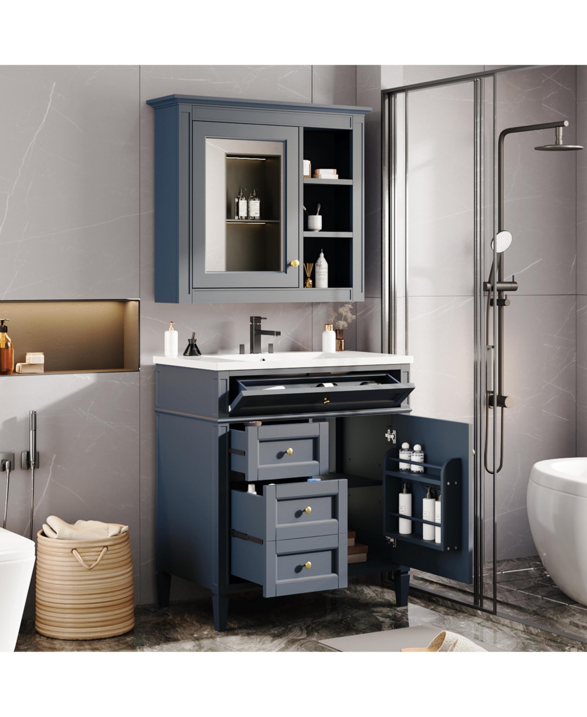 Casainc 30'' Bathroom Vanity with Top Sink, Mirror Cabinet, 2 Drawers & Tip-out Drawer