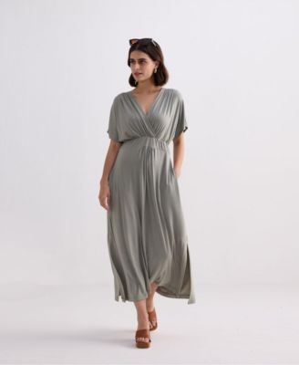 Women's FLowy A-Line Maxi Dress with Side Slits in Light Olive