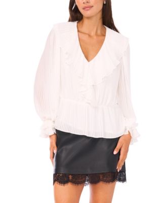 Vince Camuto - Women's V-Neck Front Ruffle Long Sleeves Top