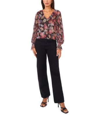 Women's Long Sleeve V-Neck Shirred Cuffs Top