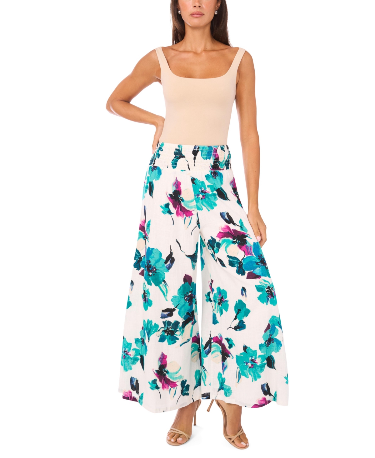 Vince Camuto Floral Wide Leg Pull-on Pants In Green