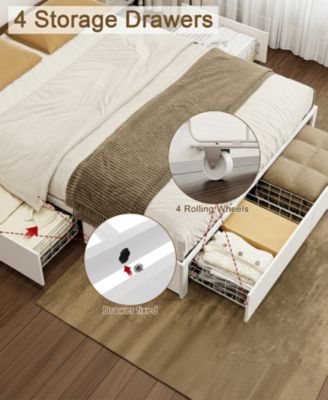 King Size Bed Frame with LED Storage Headboard & 4 Drawers & Charging Station White