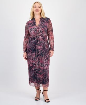 Anne Klein - Plus Size V-Neck Twist-Front Midi Dress