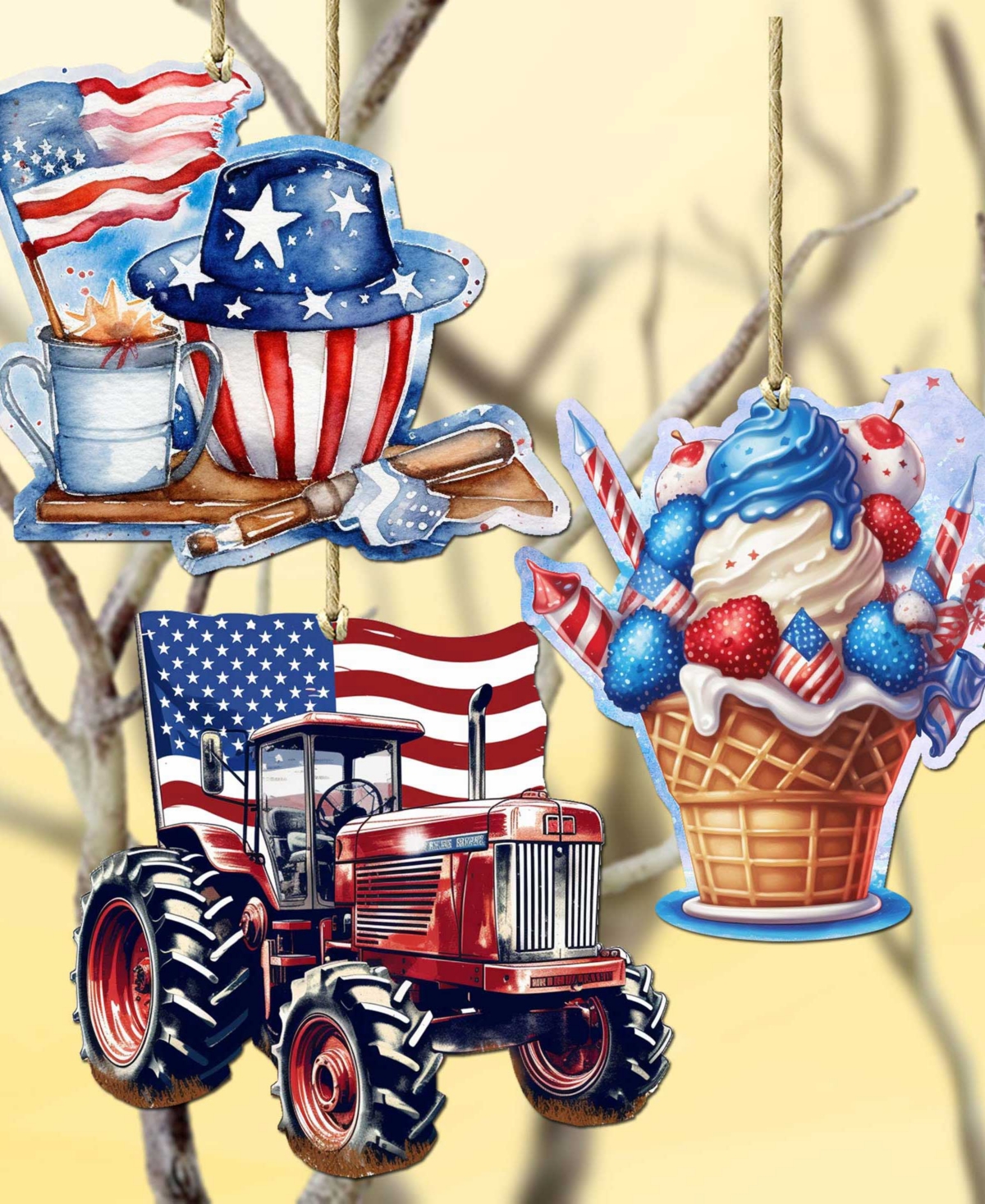 Designocracy American Farmhouse Wooden Ornaments, Set Of 3 In Multi