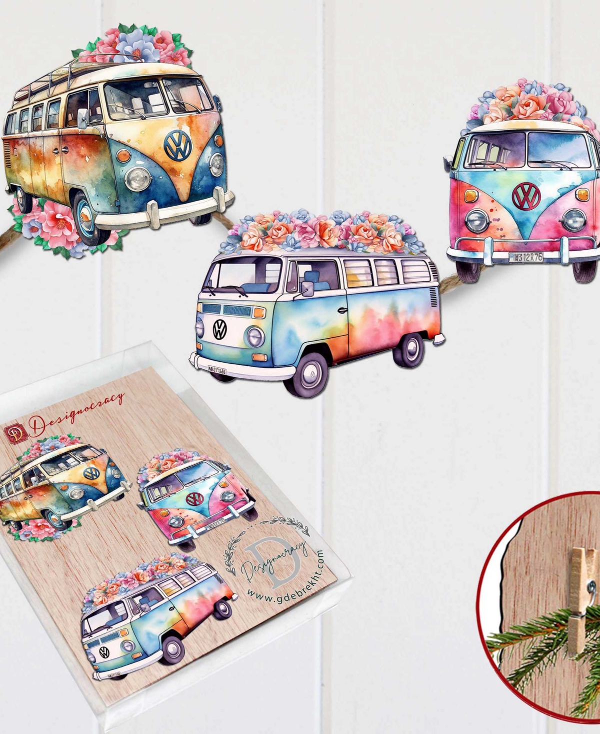 Designocracy Volkswagen Vans Wood Clip Ornaments, Set Of 3 In Multi