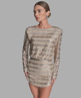 BCBG - Women's Sequin Detail Striped Boat Neck Dress