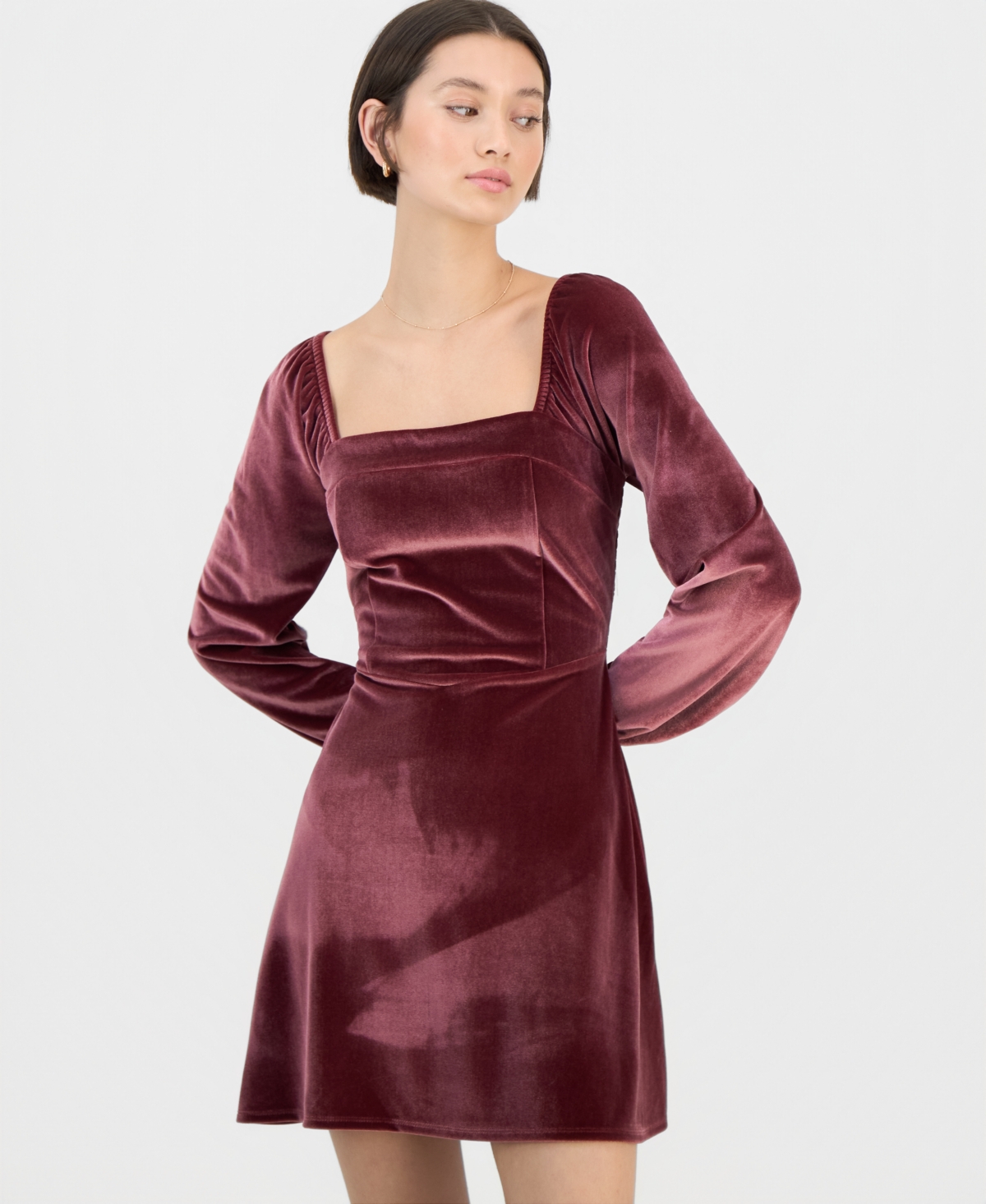 Sincerely Jules Juniors' Long-sleeve Velour Square-neck Mini Dress In Burgundy