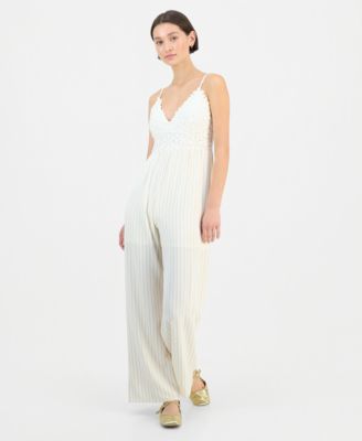 Juniors' Crochet-Bust Sleeveless Jumpsuit