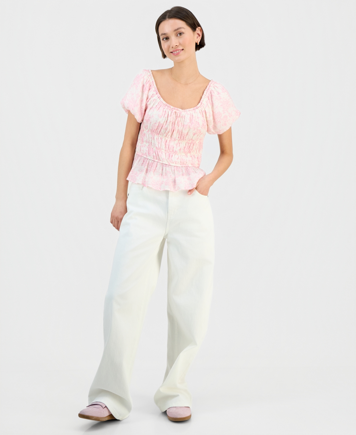 Sincerely Jules Juniors' Floral Print Short Sleeve Woven Top In Multi