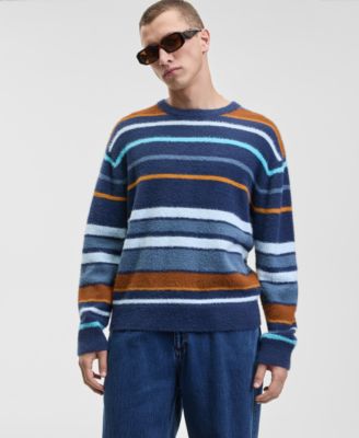Mode of One - Men's Relaxed Fit Long Sleeve Fuzzy Striped Crewneck Sweater