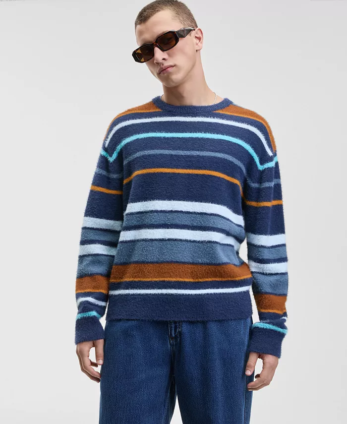 Men's Relaxed Fit Long Sleeve Fuzzy Striped Crewneck Sweater