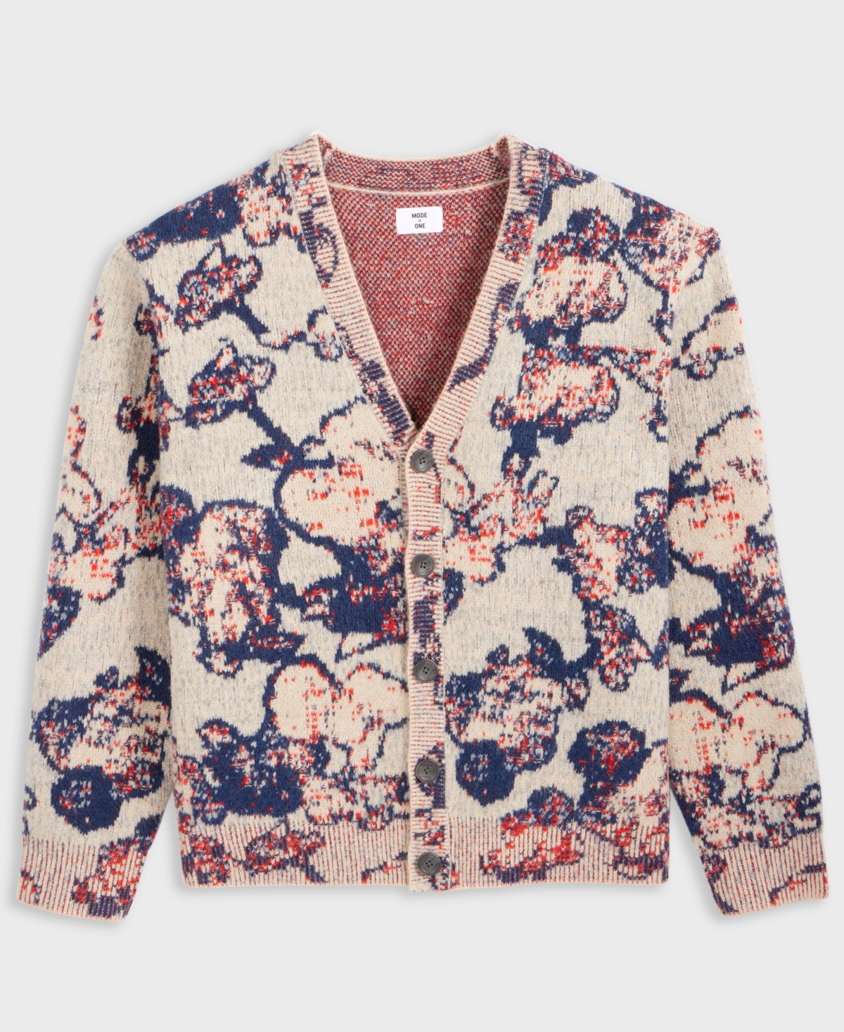 Mode of One Men's Relaxed Fit Long Sleeve Abstract Floral V-Neck Cardigan Sweater, Macy's Exclusive