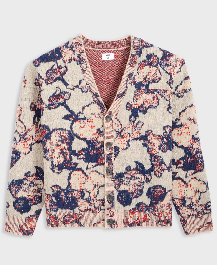 Men's Relaxed Fit Long Sleeve Abstract Floral V-Neck Cardigan Sweater - thumbnail 2