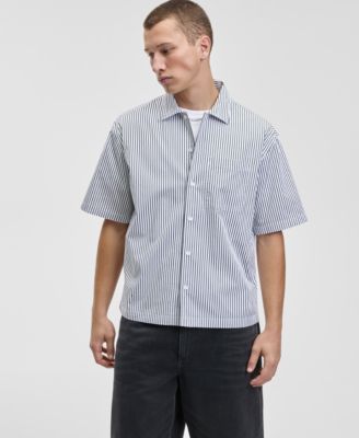 Mode of One - Men's Relaxed Fit Short Sleeve Striped Embroidered Button-Front Shirt