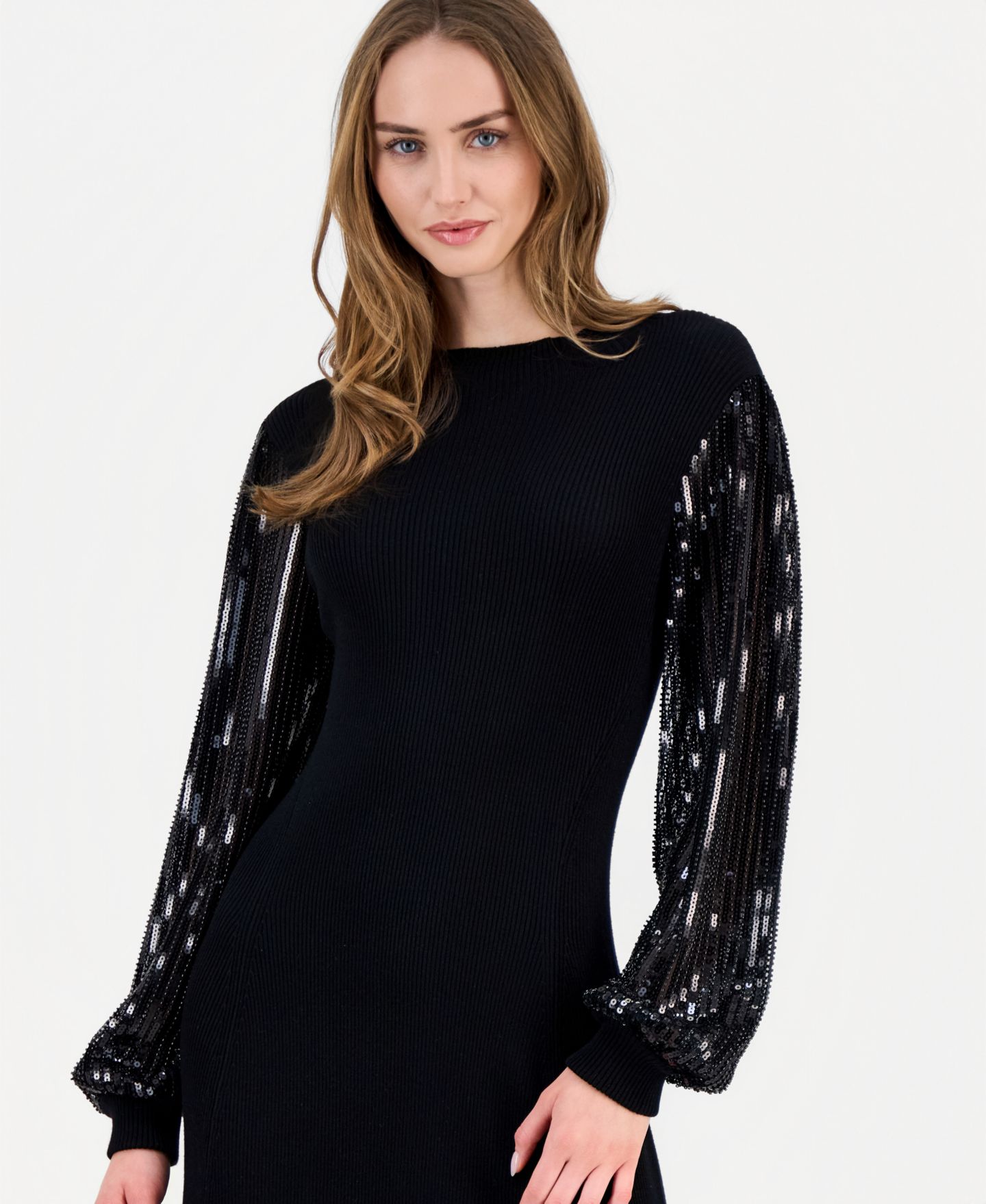 Женское платье T Tahari Embellished-Sleeve Ribbed, цвет: Чёрный — фото 4