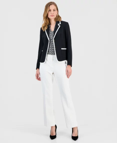 Women's Stretch Crepe Two Button Jacket, Printed Knot-Neck Sleeveless Top & Button-Tab Wide-Leg Pants - None