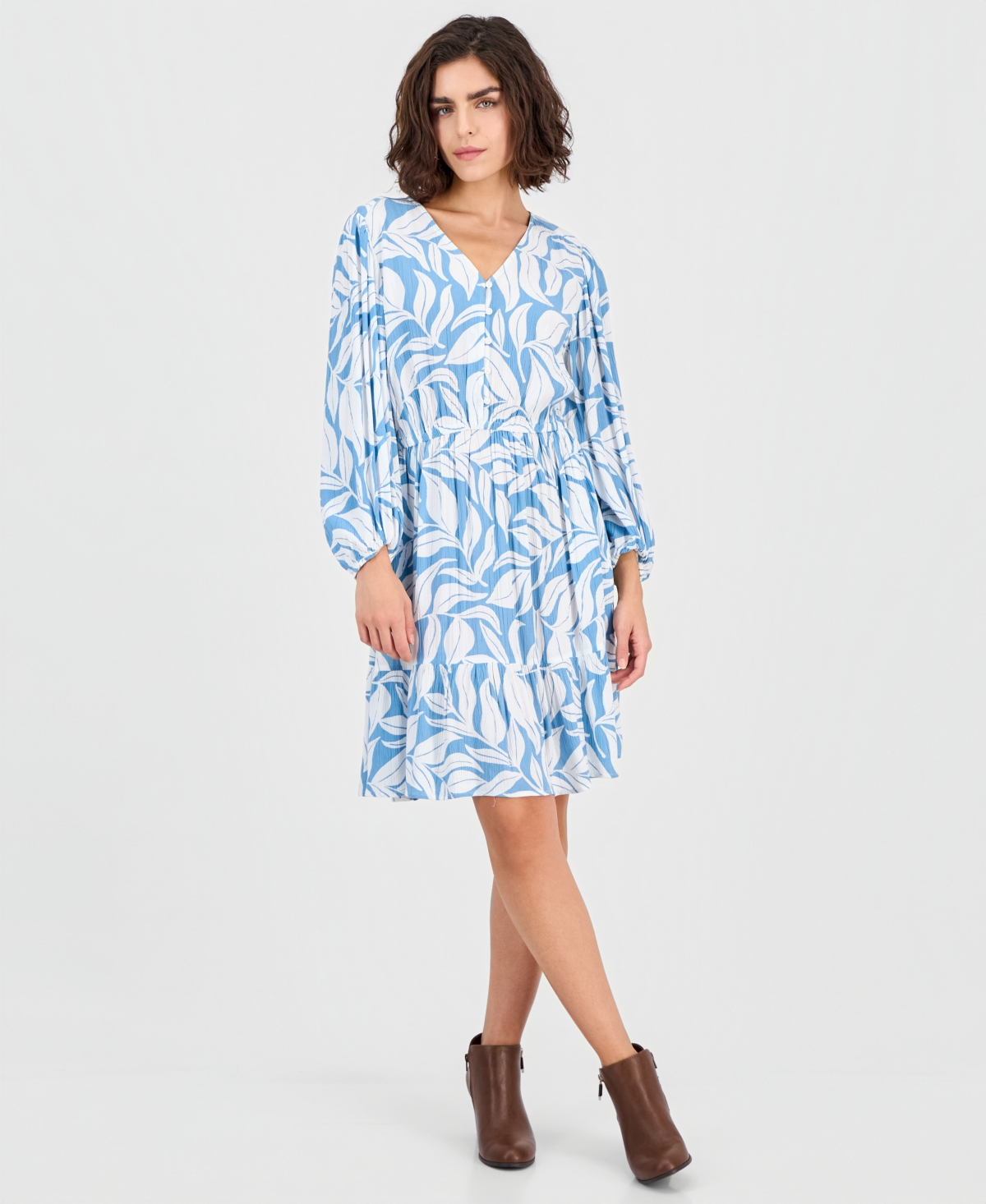 Style & Co Petite Printed Blouson-Sleeve Babydoll Dress, Macy's Exclusive