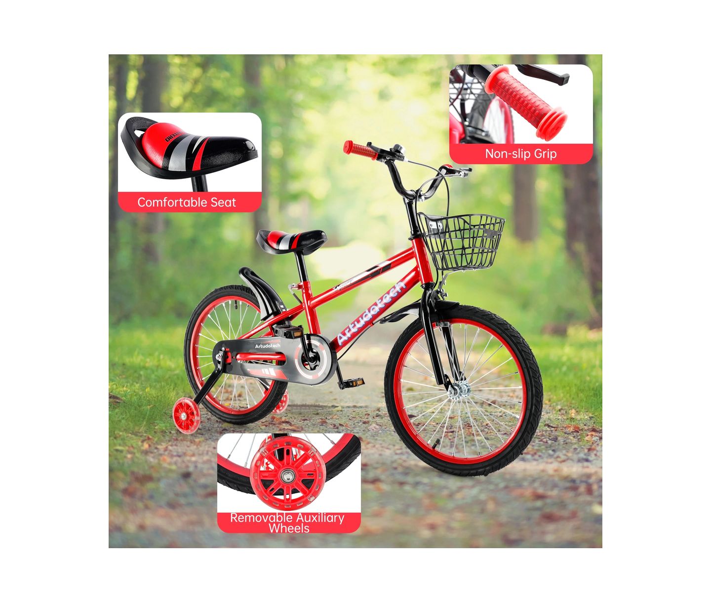 Детская игрушка Artudatech 14 Inch Kids Bike with Glowing Training Wheels, Dual Brakes & High-Carbon Steel Frame Gift for Girls and Boys Ages 3-7, цвет: Красный — фото 8