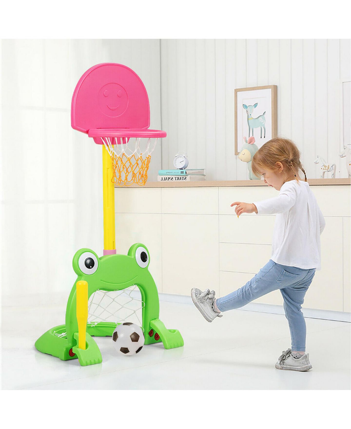 Детские игрушки Costway 3-in-1 Kids Basketball Hoop Set Adjustable Sports Activity Center, цвет: Розовый — фото 2