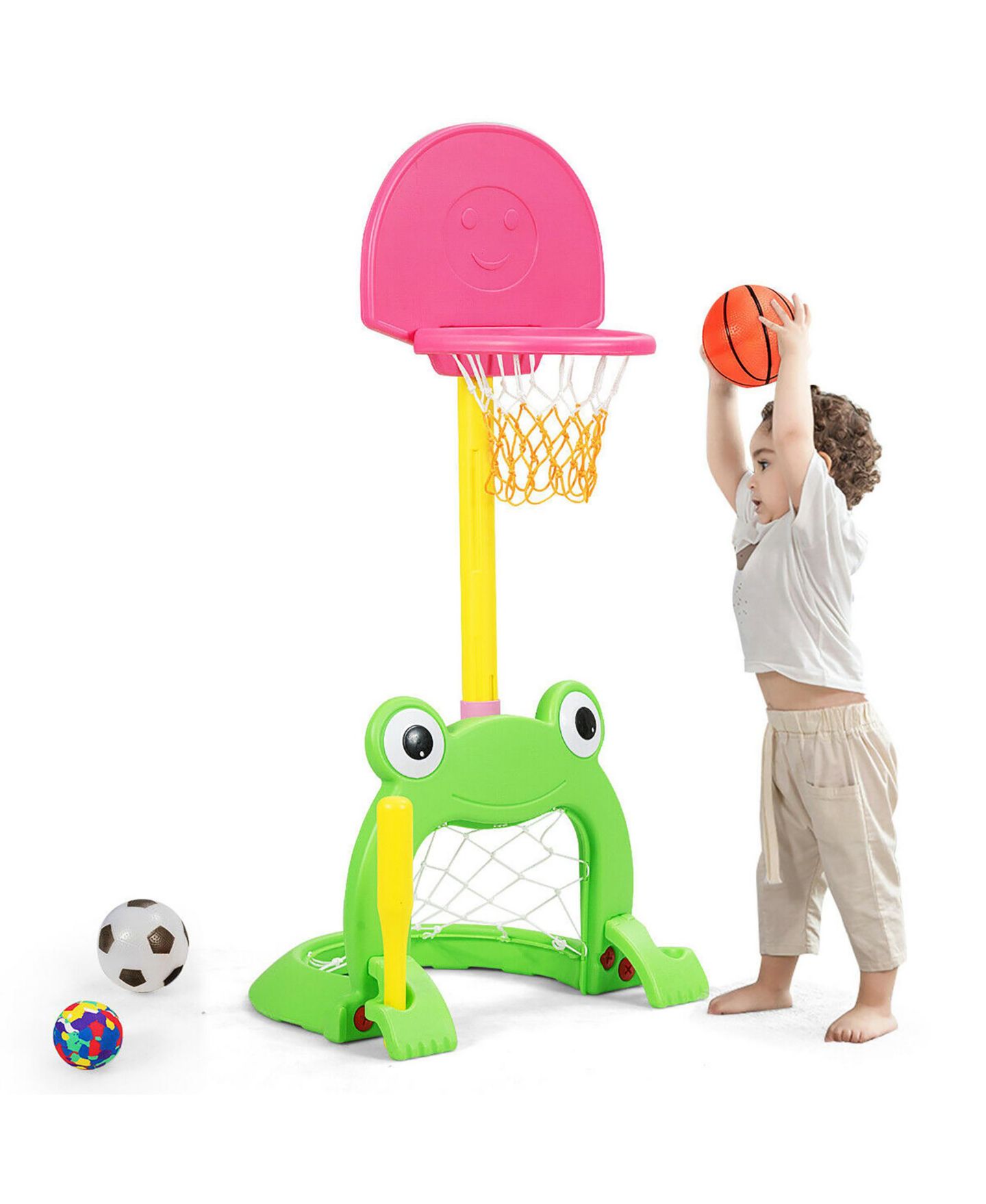Детские игрушки Costway 3-in-1 Kids Basketball Hoop Set Adjustable Sports Activity Center, цвет: Розовый — фото 1