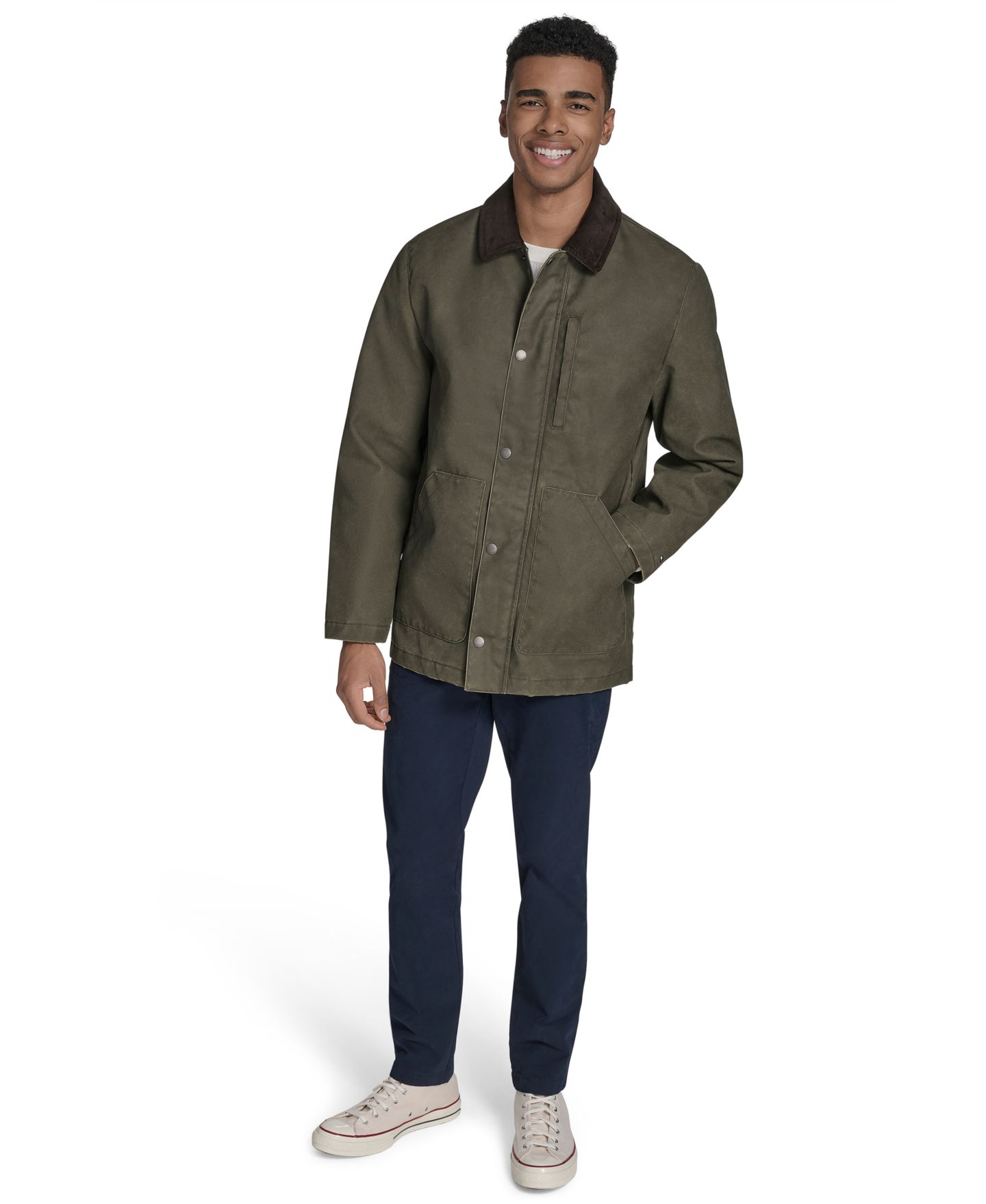 Мужское пальто Tommy Hilfiger Cotton Barn Coat with Corduroy Collar, цвет: Тёмно-зелёный ночной — фото 2