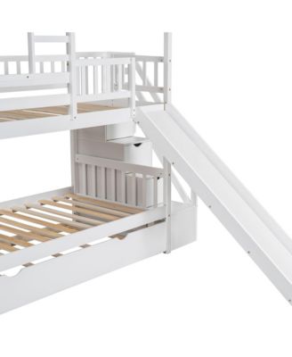Twin over Twin House Bunk Bed with Trundle and Slide, Storage Staircase, Roof and Window Design