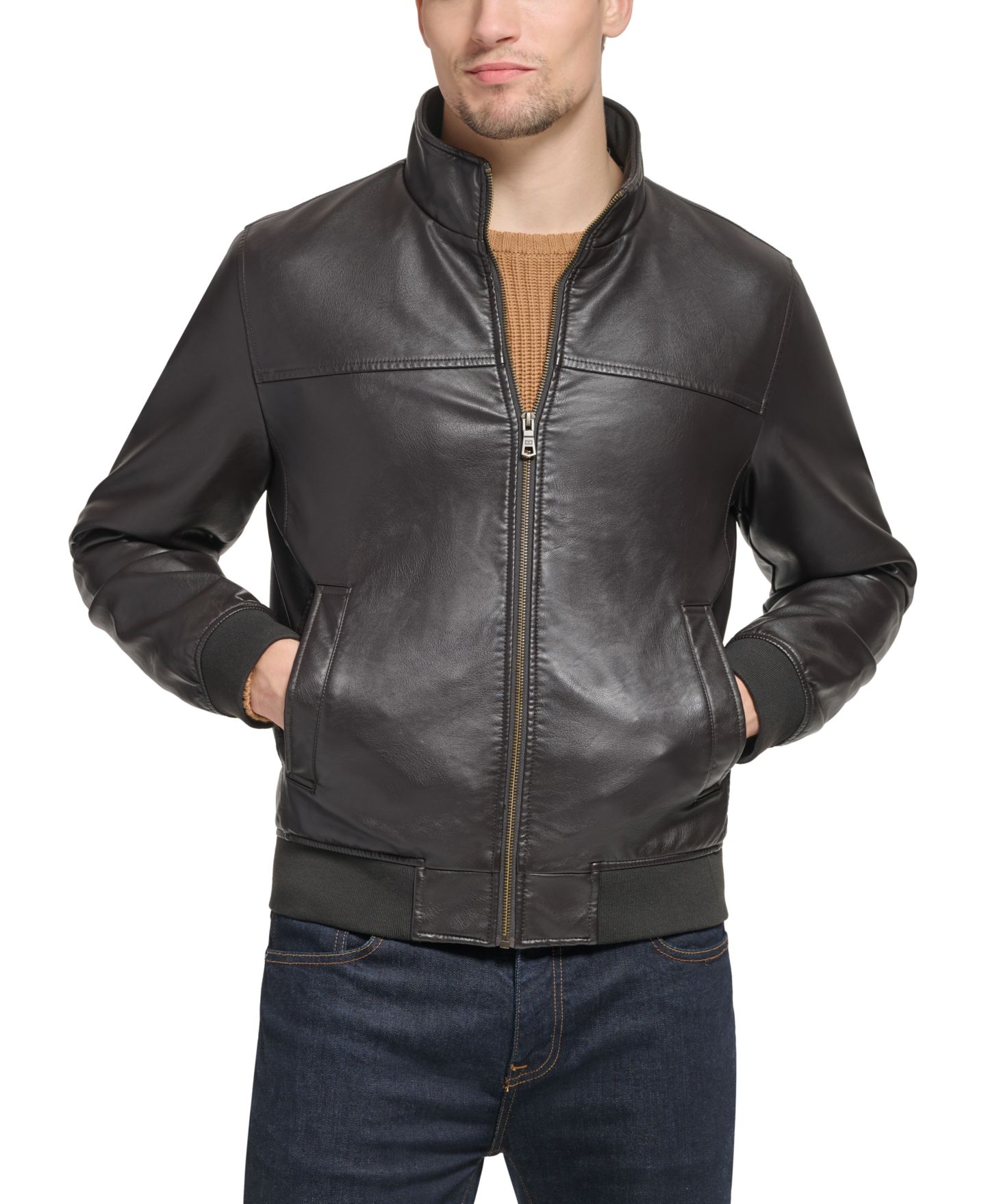Мужская куртка Tommy Hilfiger Faux Leather Stand Collar Bomber, цвет: Чёрный — фото 1