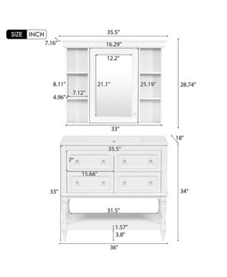 36" Solid Wood Bathroom Vanity with Mirror Cabinet, Adjustable Shelves and Drawers