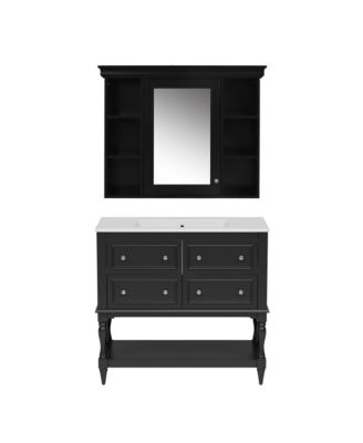 36" Solid Wood Bathroom Vanity with Mirror Cabinet, Adjustable Shelves and Drawers