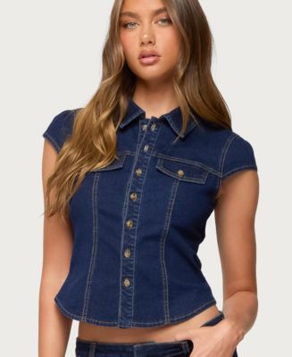 Edikted Women's Contrast Stitch Button Up Denim Shirt - Macy's