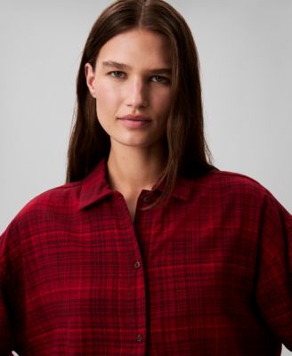 Women's Plaid Collar Neck Long Sleeve Sleep Shirt-QS7533