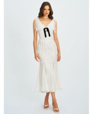 Women Paola White Peter Pan Collar Beaded Sequin Mermaid Midi Dress