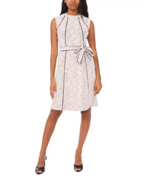 Petite Short Sleeves Belted Tweed Dress - Bright White