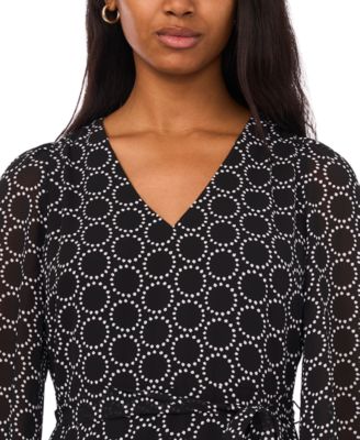 Petite Geometric Print V-Neck Long Sleeves Midi Dress