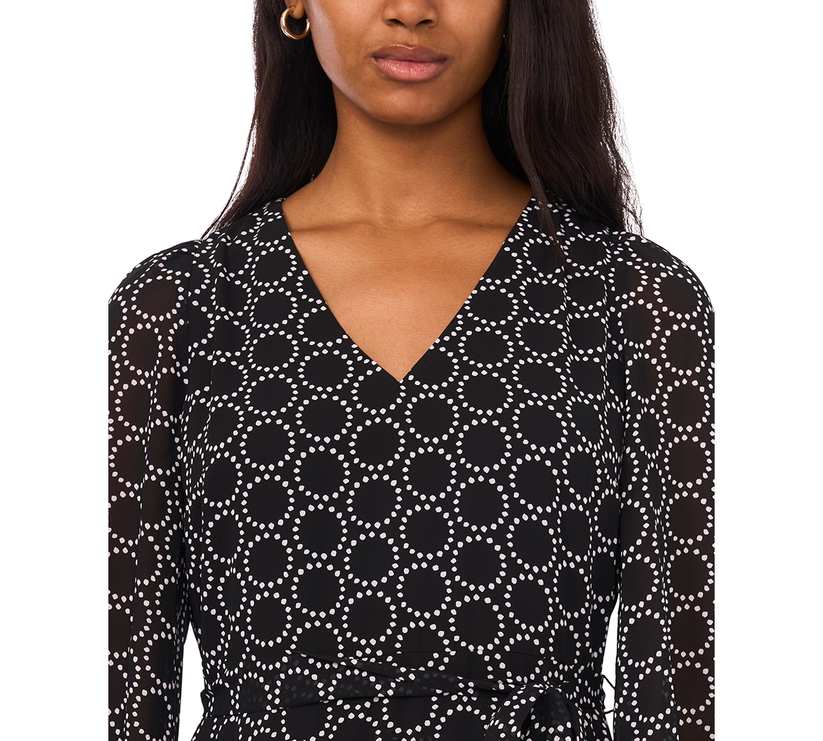 Msk Petite Geometric Print V-neck Long Sleeves Midi Dress In Black