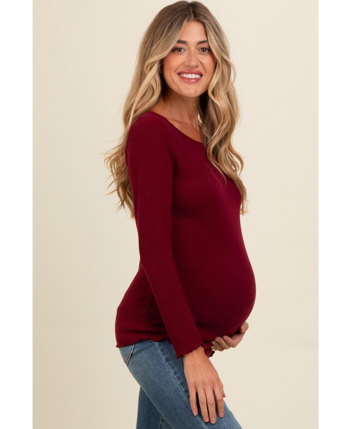 Pinkblush Maternity Brown Ribbed Knit Long Sleeve Lettuce Hem Top