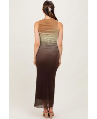 Brown Ombre Mesh Ruched Sleeveless Maternity Midi Dress
