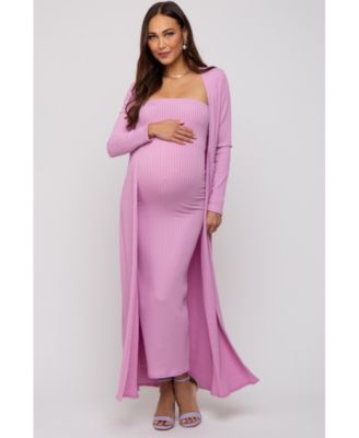 Pink Ribbed Sleeveless Dress Cardigan Maternity Set