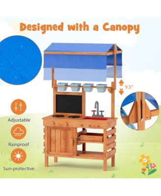 Mud Kitchen Wooden Pretend Play Kitchen w/ Height Adjustable Canopy