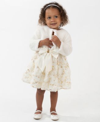 Rare Editions - Baby Girls 3-Piece Satin Bodice 3D Flower Jacket, Dress and Diaper Cover Set