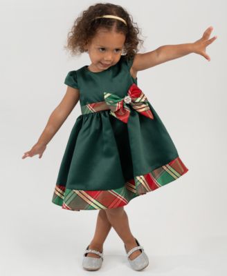 Baby Girls' Satin Cap Plaid Bow Dress and Diaper Cover, 2-Piece Set