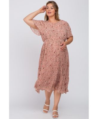 Plus Size Light Pink Floral Pleated Chiffon Midi Dress