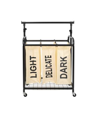 3-Bag Rolling Laundry Sorter with Adjustable Hanging Bar, White