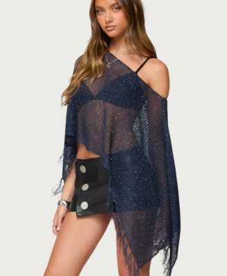 Women's Sequin Fringe Knit Poncho