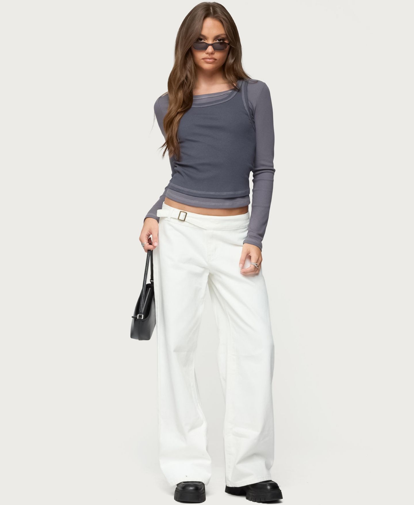 Женский топ Edikted Zane Contrast Layered Long Sleeve, цвет: Серый — фото 3