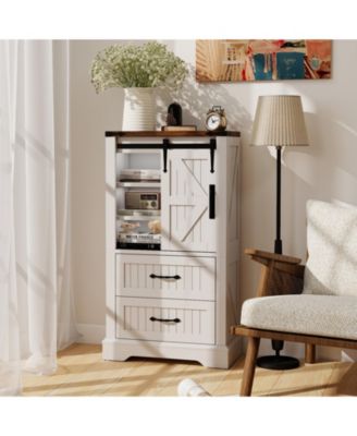 Farmhouse Bathroom Floor Cabinet w/Sliding Door Adjustable Shelves & 2 Drawers