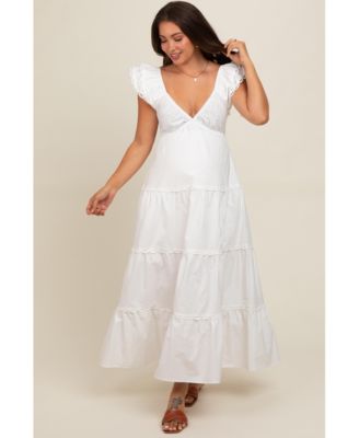 Maternity White Ruffle Trim Maxi Dress
