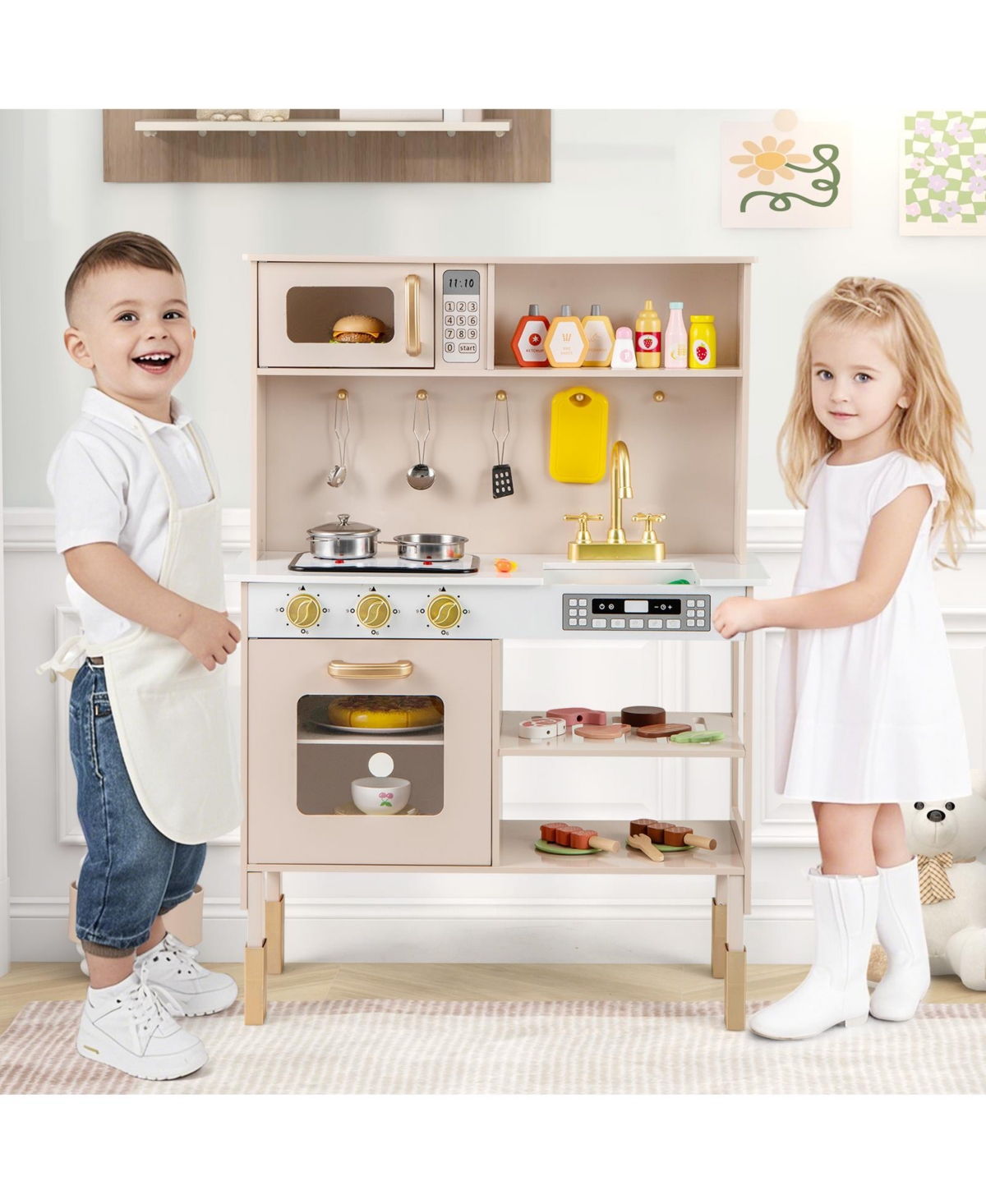 Gymax Height Adjustable Play Kitchen Wooden Kitchen Playset w/ Real Lights & Sounds