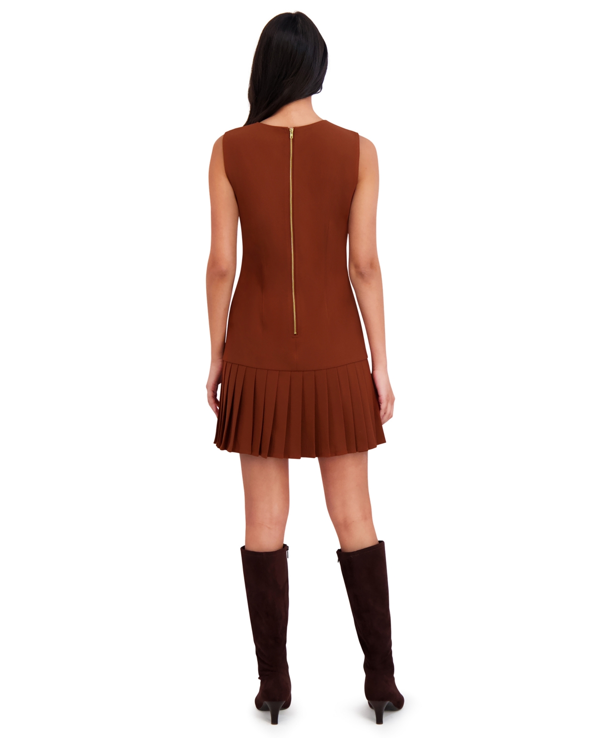 London Times Women's Sleeveless Pleated Crew Neck Short Dress
