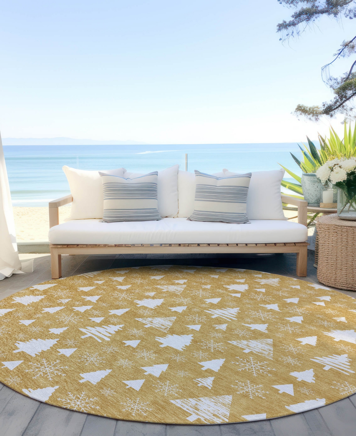 Addison Holiday Washable Indoor/outdoor Acn1815 8'x8' Round Area Rug In Gold